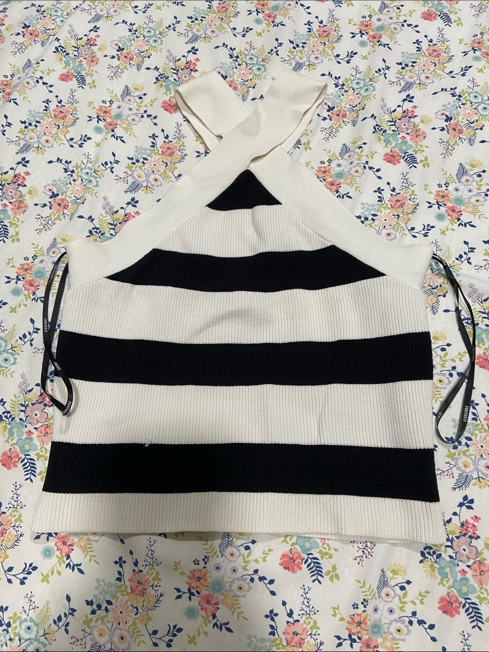 Forever 21 Black and White Striped Cross-Back Crop Top